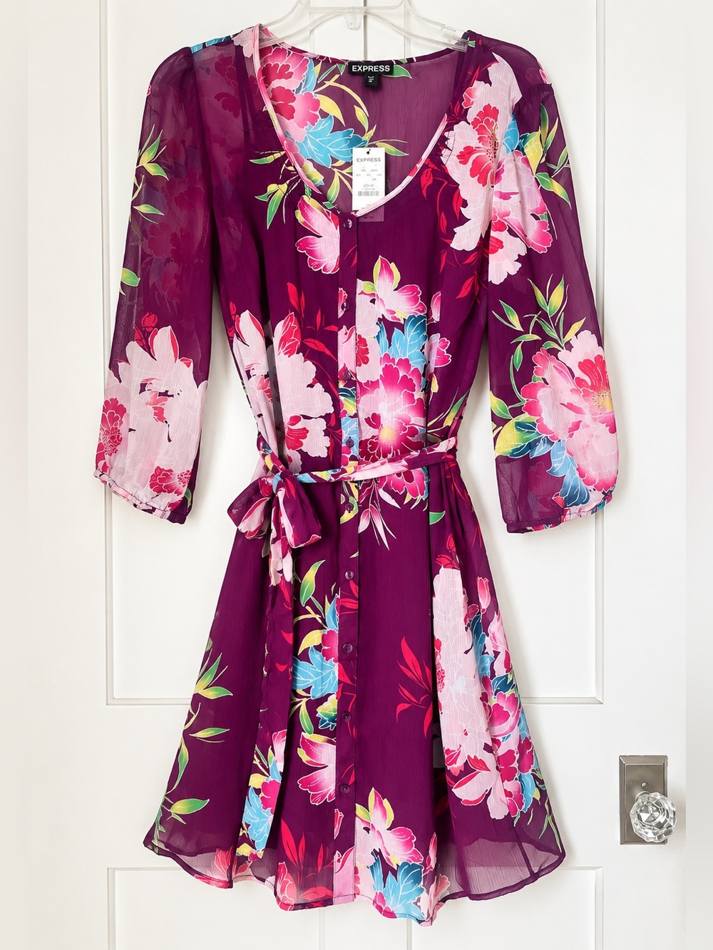 EXPRESS NWT Floral Dress M Purple Burgundy Sheer Tie Waist Button Front